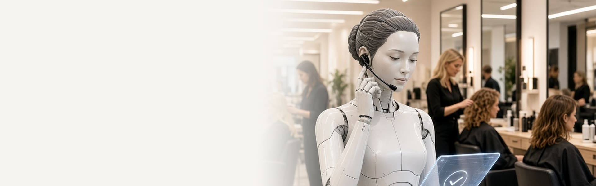 StyleFlo AI receptionist wearing a headset and checking a booking tablet in a busy hair salon